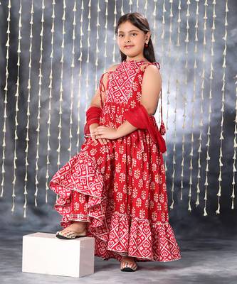 Red jaipuri floral printed long kurta  set 1