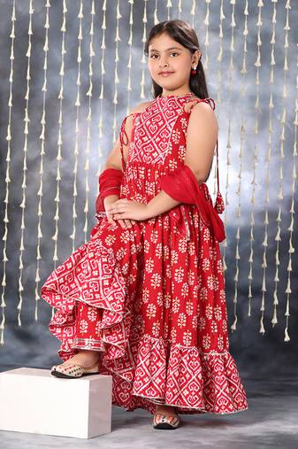 Red jaipuri floral printed long kurta  set