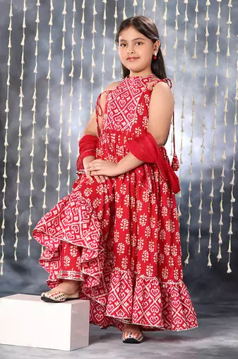 Red jaipuri floral printed long kurta  set
