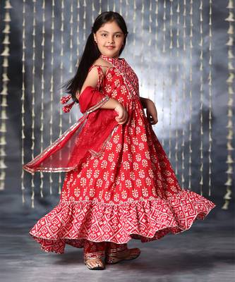 Red jaipuri floral printed long kurta  set 4