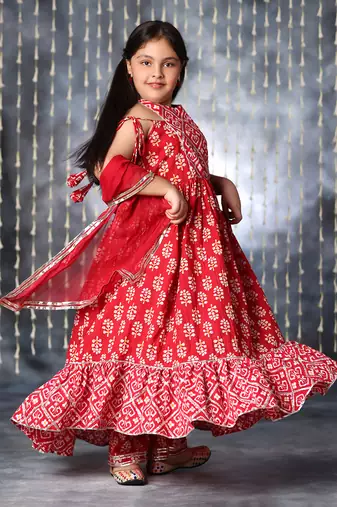 Red jaipuri floral printed long kurta  set
