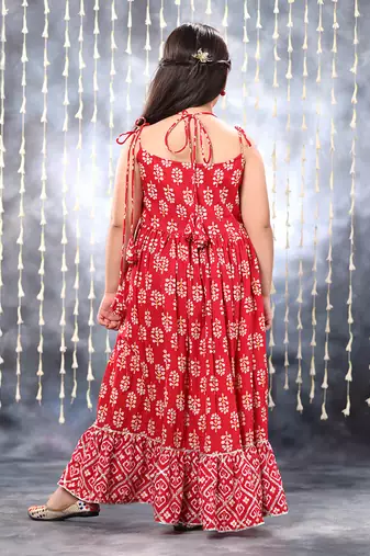 Red jaipuri floral printed long kurta  set