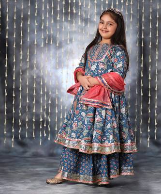Blue jaipuri floral printed anarkali suit set 1