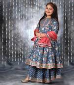 Blue jaipuri floral printed anarkali suit set