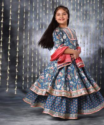 Blue jaipuri floral printed anarkali suit set 2