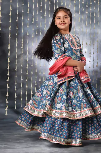 Blue jaipuri floral printed anarkali suit set