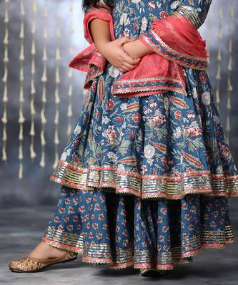 Blue jaipuri floral printed anarkali suit set 3