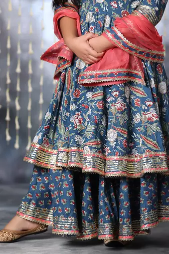 Blue jaipuri floral printed anarkali suit set