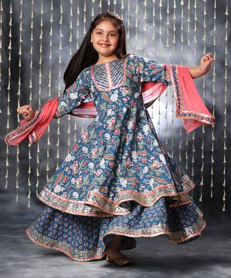 Blue jaipuri floral printed anarkali suit set 4