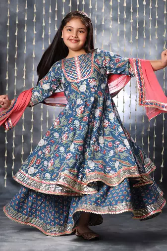 Blue jaipuri floral printed anarkali suit set
