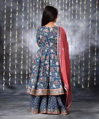 Blue jaipuri floral printed anarkali suit set 5
