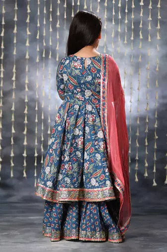 Blue jaipuri floral printed anarkali suit set