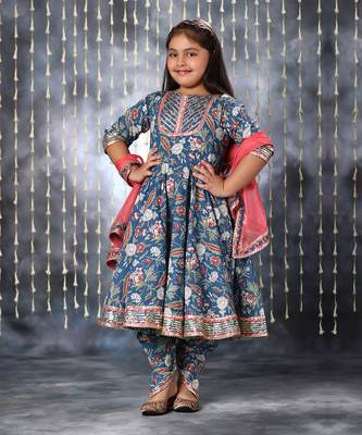 Blue jaipuri floral printed anarkali with dhoti  set . 1