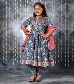 Blue jaipuri floral printed anarkali with dhoti  set .