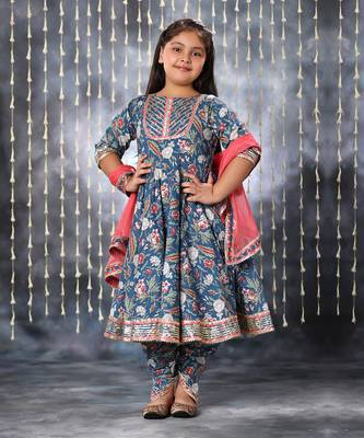 Blue jaipuri floral printed anarkali with dhoti  set . 2