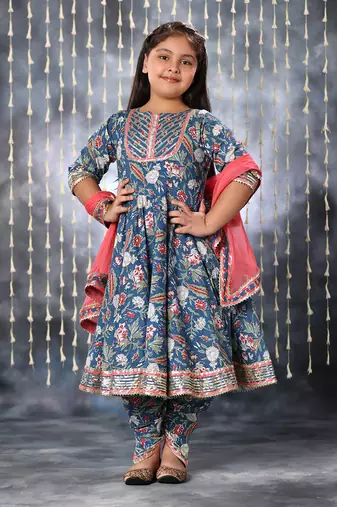 Blue jaipuri floral printed anarkali with dhoti  set .