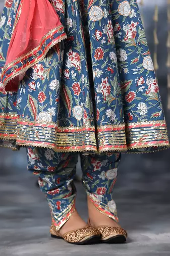 Blue jaipuri floral printed anarkali with dhoti  set .