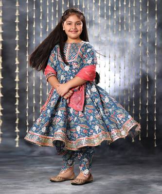 Blue jaipuri floral printed anarkali with dhoti  set . 4