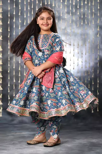 Blue jaipuri floral printed anarkali with dhoti  set .