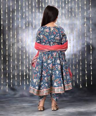 Blue jaipuri floral printed anarkali with dhoti  set . 5