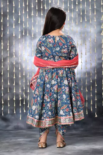 Blue jaipuri floral printed anarkali with dhoti  set .