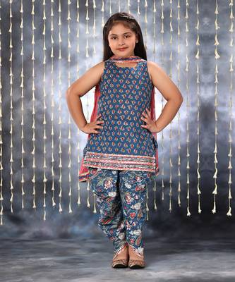 Blue jaipuri  floral printed short kurti with dhoti salwar set 1