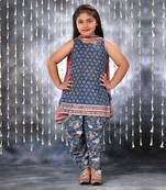 Blue jaipuri  floral printed short kurti with dhoti salwar set