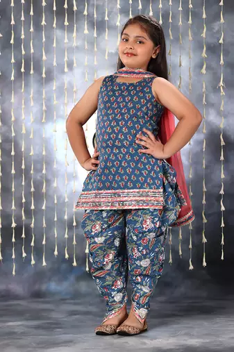 Blue jaipuri  floral printed short kurti with dhoti salwar set