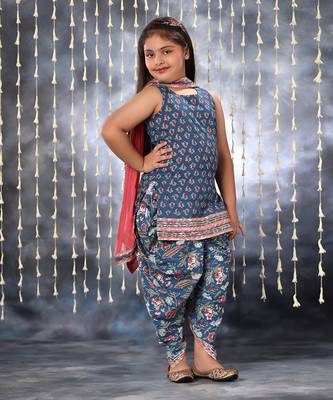 Blue jaipuri  floral printed short kurti with dhoti salwar set 3