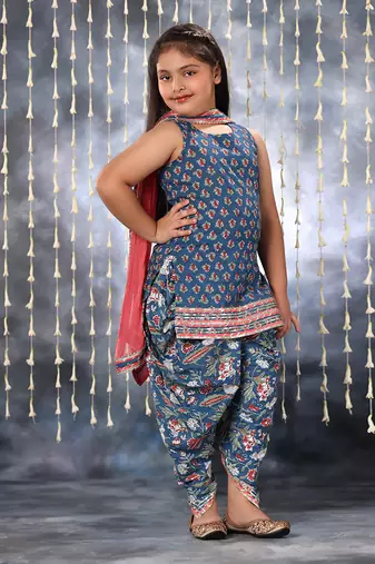 Blue jaipuri  floral printed short kurti with dhoti salwar set
