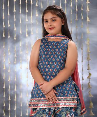 Blue jaipuri  floral printed short kurti with dhoti salwar set 4