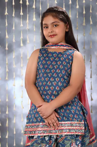 Blue jaipuri  floral printed short kurti with dhoti salwar set