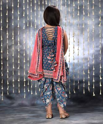 Blue jaipuri  floral printed short kurti with dhoti salwar set 5