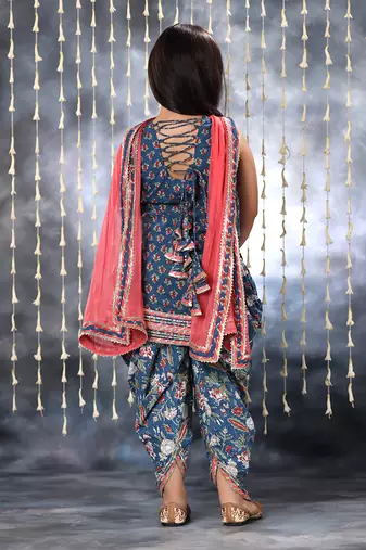 Blue jaipuri  floral printed short kurti with dhoti salwar set