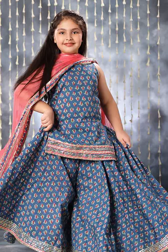 Blue jaipuri floral printed short kurti with palazo set