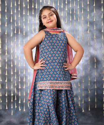 Blue jaipuri floral printed short kurti with palazo set 1