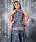 Blue jaipuri floral printed short kurti with palazo set