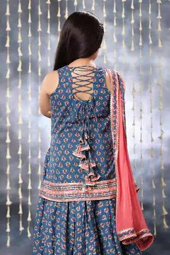 Blue jaipuri floral printed short kurti with palazo set