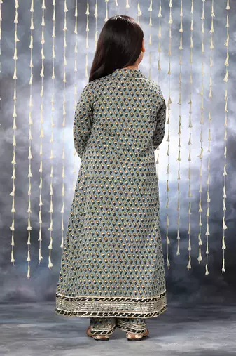 Grey jaipuri floral printed pintucks long kurta with pants