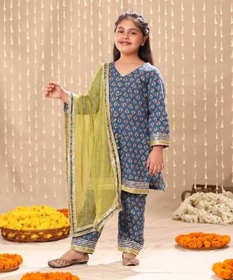 Blue jaipuri front open straight kurta set 1