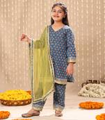 Blue jaipuri front open straight kurta set