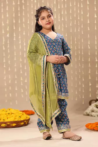 Blue jaipuri front open straight kurta set