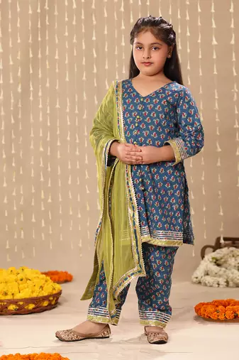 Blue jaipuri front open straight kurta set