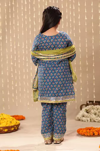 Blue jaipuri front open straight kurta set