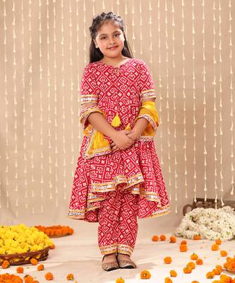 Red jaipuri floral printed high-low  anarkarli set 1