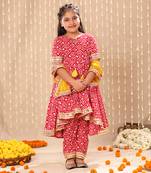 Red jaipuri floral printed high-low  anarkarli set