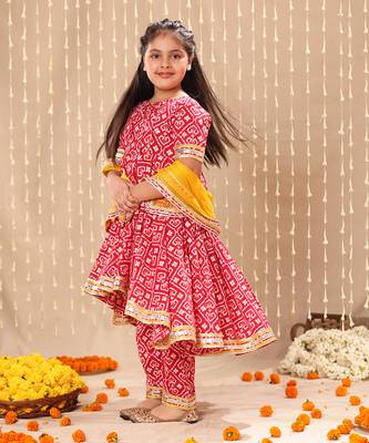 Red jaipuri floral printed high-low  anarkarli set 2