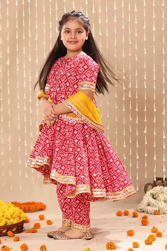 Red jaipuri floral printed high-low  anarkarli set