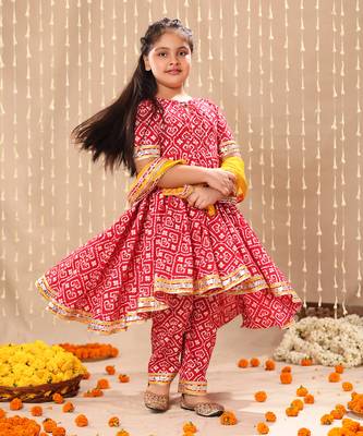 Red jaipuri floral printed high-low  anarkarli set 3