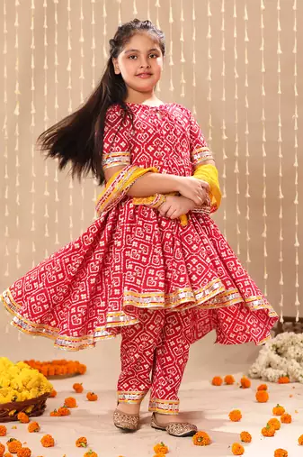 Red jaipuri floral printed high-low  anarkarli set